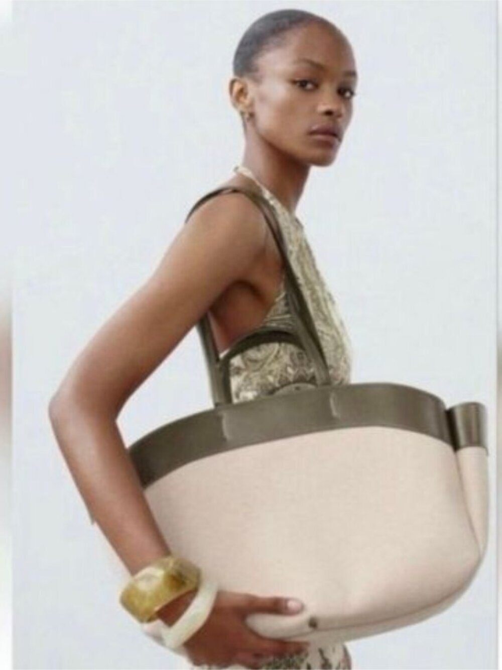 NWT Zara Contrast Shopper Canvas Tote Bag Cream Olive Green Large Shoulder Bag
